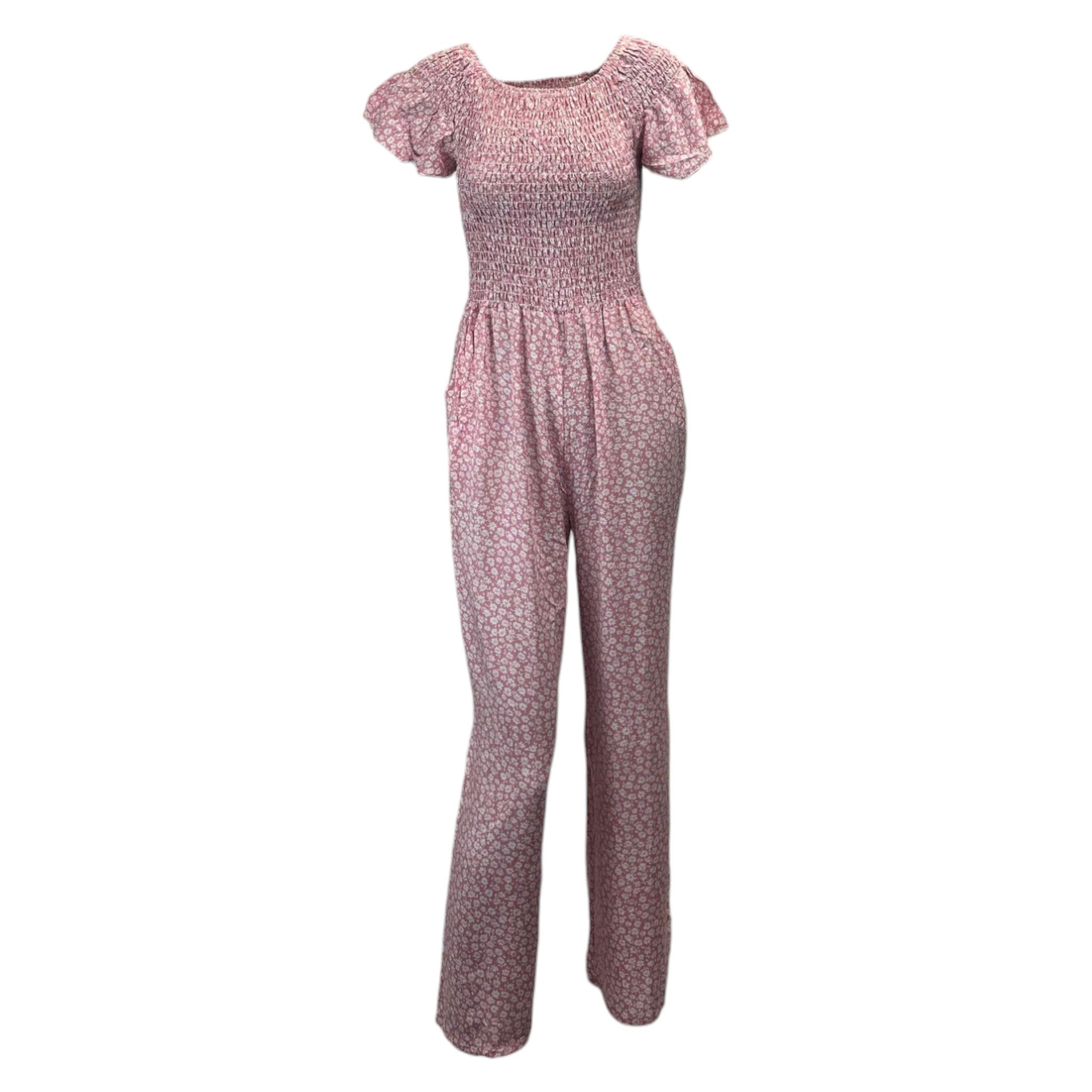 Pink floral women's jumpsuit with short sleeves and cropped legs โ lightweight summer outfit